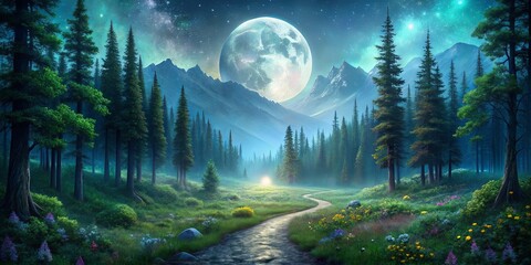 Canvas Print - A Serene Path Through Enchanted Woods Bathed in Moonlight, Where Stars Sparkle Against a Sky Filled with Magic and Trees Embrace a Gentle Breeze