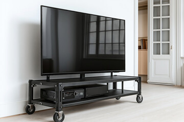 Sticker - Modern flat-screen TV on a black metal stand with wheels, set against a white wall in a bright living room with wooden floor and French doors in the background.