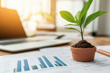 a small green plant growing in a pot on a desk with financial reports and a laptop in the background