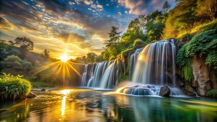 Sticker - Golden Sunlight Illuminates Lush Foliage and Cascading Waterfalls, Creating a Tranquil and Breathtaking Natural Scene