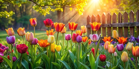 Poster - A vibrant tapestry of colorful tulips basking in the golden glow of the morning sun, their delicate petals unfurling in a symphony of hues amidst a verdant landscape