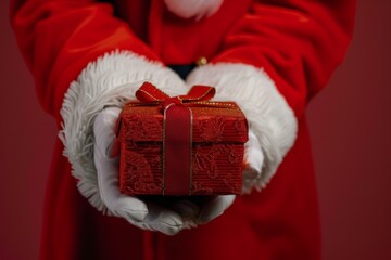 Front view of Santa Claus hands is holding red gift box with golden ribbon bow. Red background. Merry Christmas. Flat lay. Santa with present box. Wide long banner, Panoramic. Copy space. Giftbox