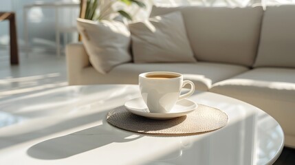 Wall Mural - Minimalist White Coffee Cup with Geometric Coaster on Glass Table in Modern Living Room