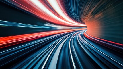 Dynamic light trails in a vibrant tunnel, illustrating speed and movement on a dark background.