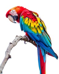 Sticker - Vibrant Tropical Parrot Perched on Invisible Branch Against White Background