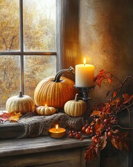 Sticker - Cozy Autumn Still Life with Candles and Pumpkins