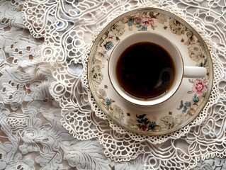 Poster - Exquisite Vintage Coffee Cup with Ornate Floral Patterns on Lace Doily