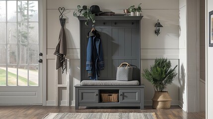 Gray wood hall tree with cabinet and coat rack in an empty room, featuring a grey-blue jacket hanging.