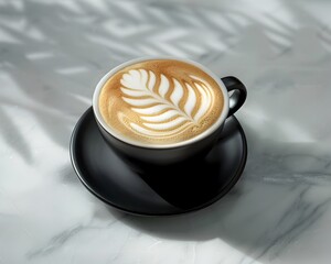 Canvas Print - Intricately Crafted Cappuccino with Fern Latte Art Served in Matte Black Cup on Marble Countertop