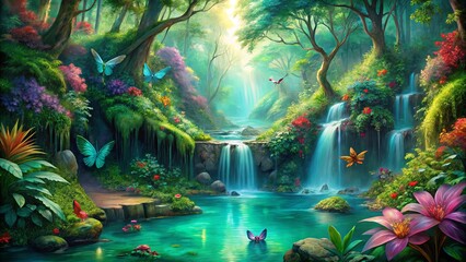 Sticker - Enchanted Waterfall Oasis A Lush Canopy of Trees, Cascading Waters, and Vibrant Butterflies