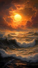 A breathtaking sunset over turbulent ocean waves, highlighting the beauty of nature's colors and the power of the sea.