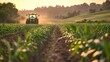 © Theeranan - A tractor moving through a cornfield at dawn, with soft morning light illuminating the plants.