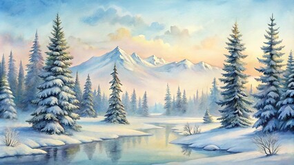 Canvas Print - A Serene Winter Landscape with Snow-Capped Mountains, Evergreen Trees, and a Winding River Reflecting the Tranquil Sky