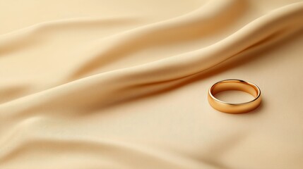 A [gold wedding ring placed on a silk cloth], with soft romantic lighting, 3D illustration