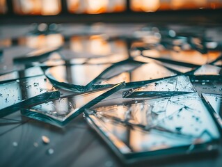 Detailed close-up of broken mirror pieces on the floor, high angle view, bokeh background, natural light, sharp focus.