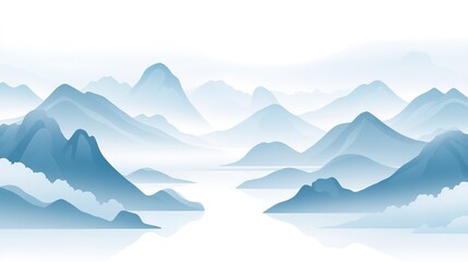 Naklejka na meble Vector Illustration of a Serene Landscape Featuring Mountains and Rivers in a Simple Style, Emphasizing Warm Tones and a Light Blue Palette, Capturing the Essence of Traditional Chinese Landscape Pain