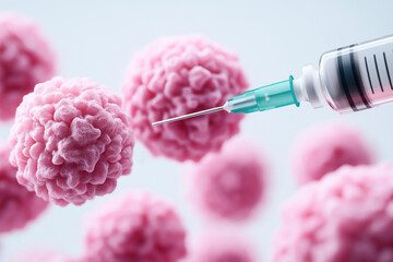 Wall Mural - Close-up of a syringe needle targeting pink cell-like structures, representing a medical or scientific concept such as vaccination or cellular research.