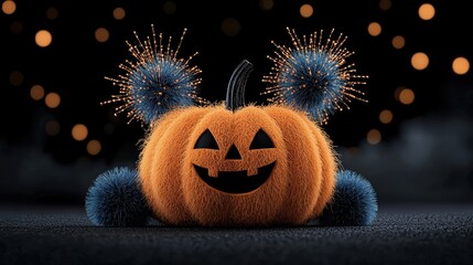 Cheerful Halloween pumpkin with furry accents on a dark background.