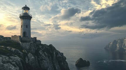 Poster - Old stone lighthouse standing tall on a rocky cliff overlooking the sea