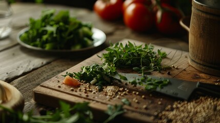 Wall Mural - A rustic kitchen scene featuring fresh herbs and tomatoes on a wooden board, evoking a sense of organic, home-cooked meals.