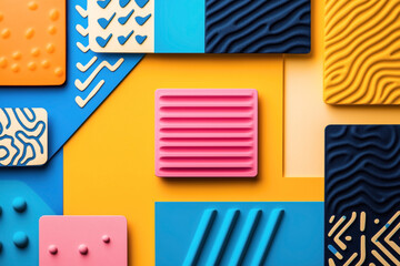 Poster - Colorful abstract geometric pattern with various textured shapes in pink, yellow, blue, and orange. Features grids, waves, dots, and lines on different surfaces.