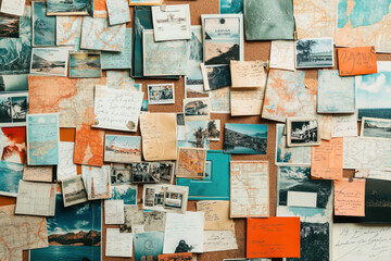 Sticker - A corkboard filled with various travel-related items including maps, old photographs, postcards, and handwritten notes, reflecting a collection of travel memories.