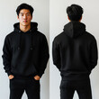 © mohammad - mockup black hoodie worn by an asian man with front and back view of hoodie, product catalog, AI generated images