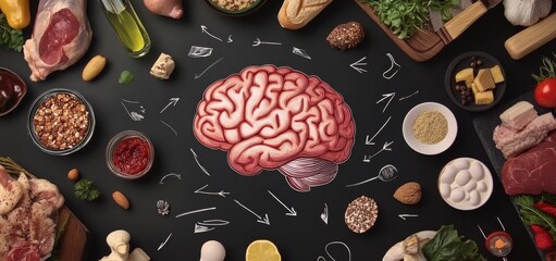 A concept that illustrates the link between brain health and nutrition via healthy foods surrounding an illustration of a brain.