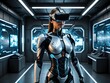 © diansyah - Futuristic cyber warrior in robotic armor with VR goggles standing in advanced technology facility