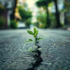 Sticker - Green plant growing on crack street, asphalt plant, pavement sprout, sprout on crack asphalt