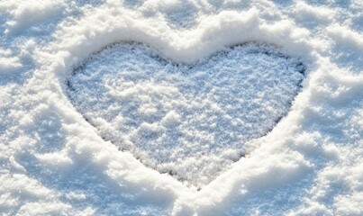 Valentine's Day concept with copy space - heart shape on white snow surface. Heart shape on white snow surface in cold winter day.