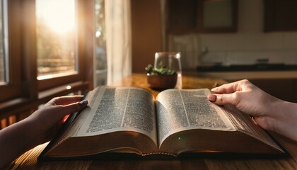 In the early morning light, two hands gently open a family Bible at the kitchen table.