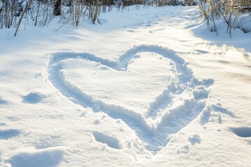 Snowy heart drawing with a frozen heart painted over white snow background. Snowy valentine, heart shape, ice or snowy picture