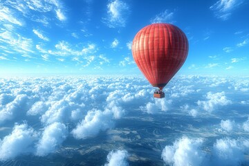 A vibrant red hot air balloon soaring above fluffy white clouds in a clear blue sky.