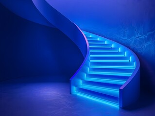 Poster - Mesmerizing Neon Blue Spiral Staircase for Dynamic Product Presentations and Conceptual Displays