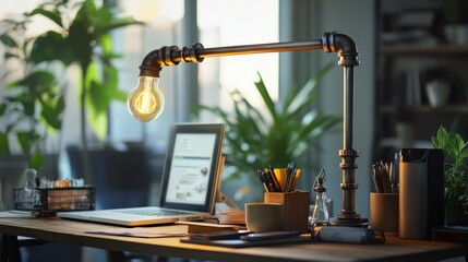 A creative table lamp made from repurposed metal pipes sits on a modern desk, casting light over eco-friendly office supplies and digital devices.