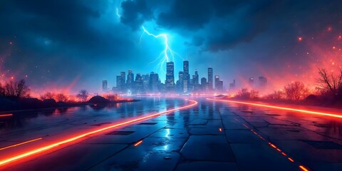  An abstract digital landscape with vibrant neon colors, featuring dynamic lines and glowing particles in shades of electric blue and bright orange, evoking a futuristic city