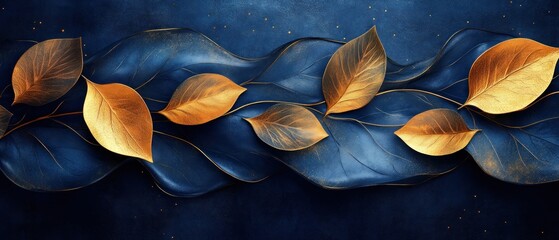 Wall Mural - Golden Leaves on a Blue Background