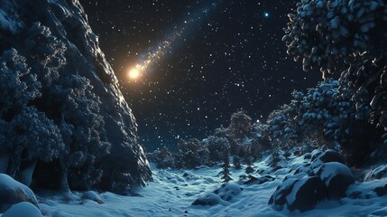 Wall Mural - starry christmas night. the first star in the forest with snow and the starry sky. 2024 christmas ev