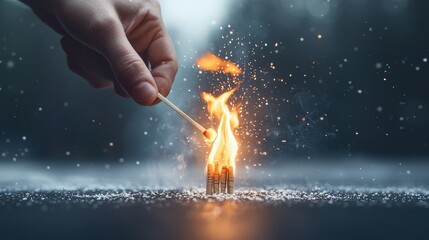 Wall Mural - A person trying to light a fire with wet matches, symbolizing the frustration of scarcity thinking.
