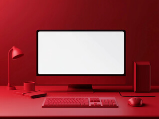dark red computer screen blank white pc digital workspace modern tech desktop keyboard mouse minimal