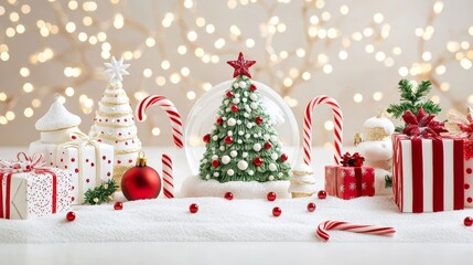 Wall Mural - Festive Christmas scene with red ornaments, candy canes, wrapped gifts, and a snow globe, placed next to a snow-covered Christmas tree. Soft, glowing bokeh lights fill the light background.