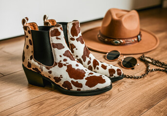 Western-themed fashion with cowhide boots and accessories for trendy autumn style