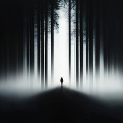 A person walking through a dark forest, symbolizing being lost in negative thoughts.