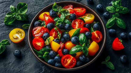 Fresh berry and tomato salad with basil for healthy eating and summer dining