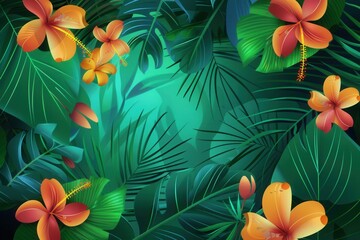 Poster - A rich array of colorful flowers and large leaves evoke a tranquil atmosphere in a vibrant tropical setting. Generative AI