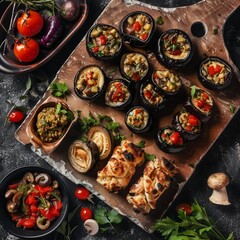 Wall Mural - Appetizers Set with Baked Eggplants, Champignon Caps, Aubergine Rolls and Traditional Georgian Pkhali