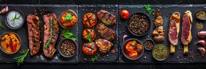 Wall Mural - Restaurant Food Set with Grilled Beef Cheeks, Lamb Legs and Tongues Top View, Various Meat Dishes