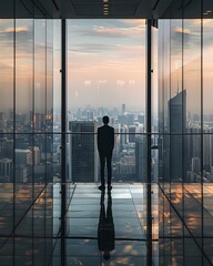 Businessman Contemplating Business Opportunities From Office Skyline View