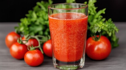 Wall Mural - Fresh tomato juice with vine-ripened tomatoes on wooden surface for health and nutrition media